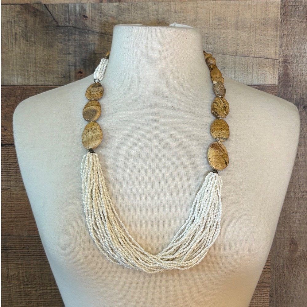 Coldwater Creek Jasper Stone Multi Strand Seed Bead Statement Necklace Tan White